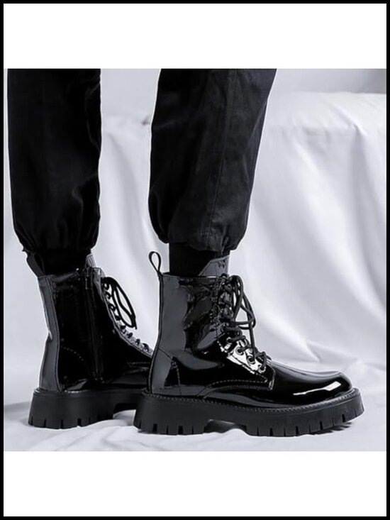 Men\'s Patent Leather Platform Combat Boots Side Zipper Wide Toe Lace Up Chunky main image 5